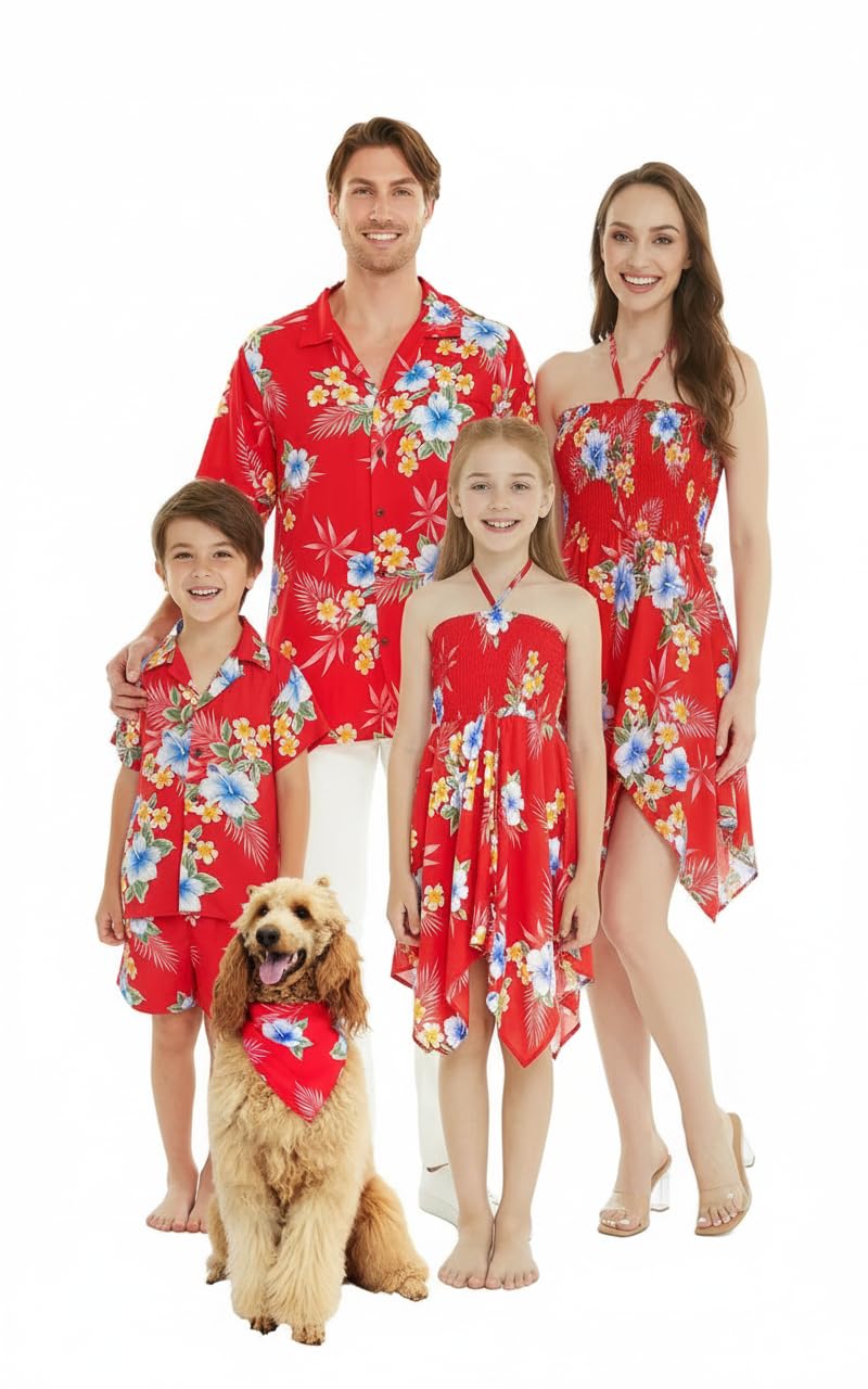 Matchable Family Hawaiian Luau Men Women Girl Boy Clothes in Hibiscus Red
