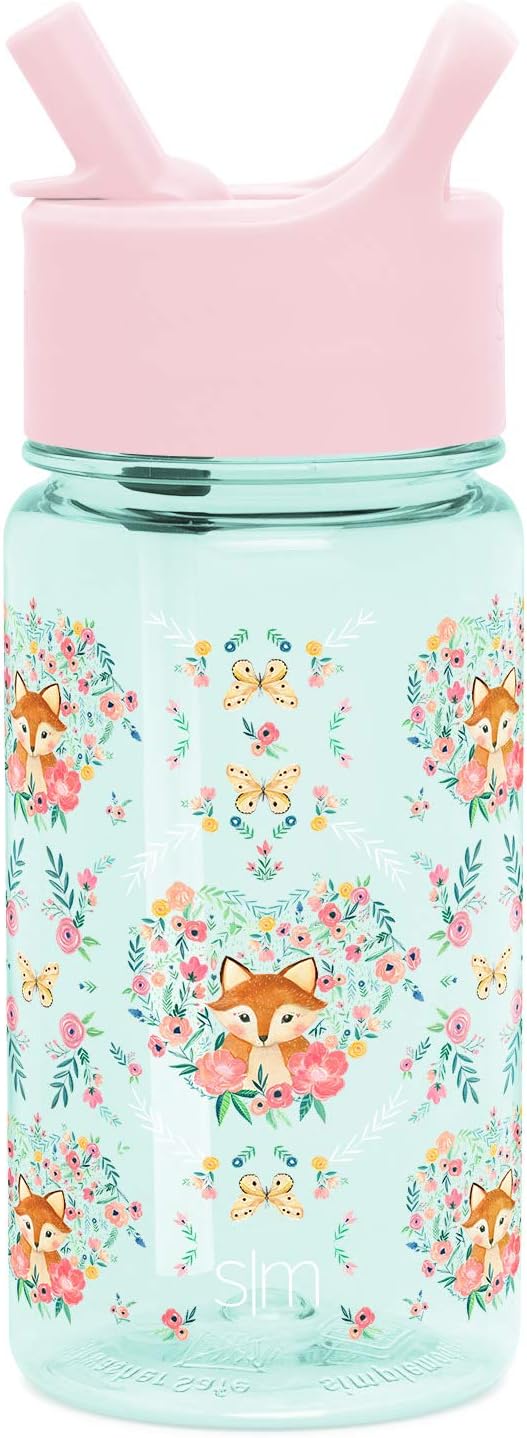 Simple Modern Kids Water Bottle Plastic BPA-Free Tritan Cup with Leak Proof Straw Lid | Reusable and Durable for Toddlers, Boys, Girls | Summit Collection | 16oz, Fox and the Flower