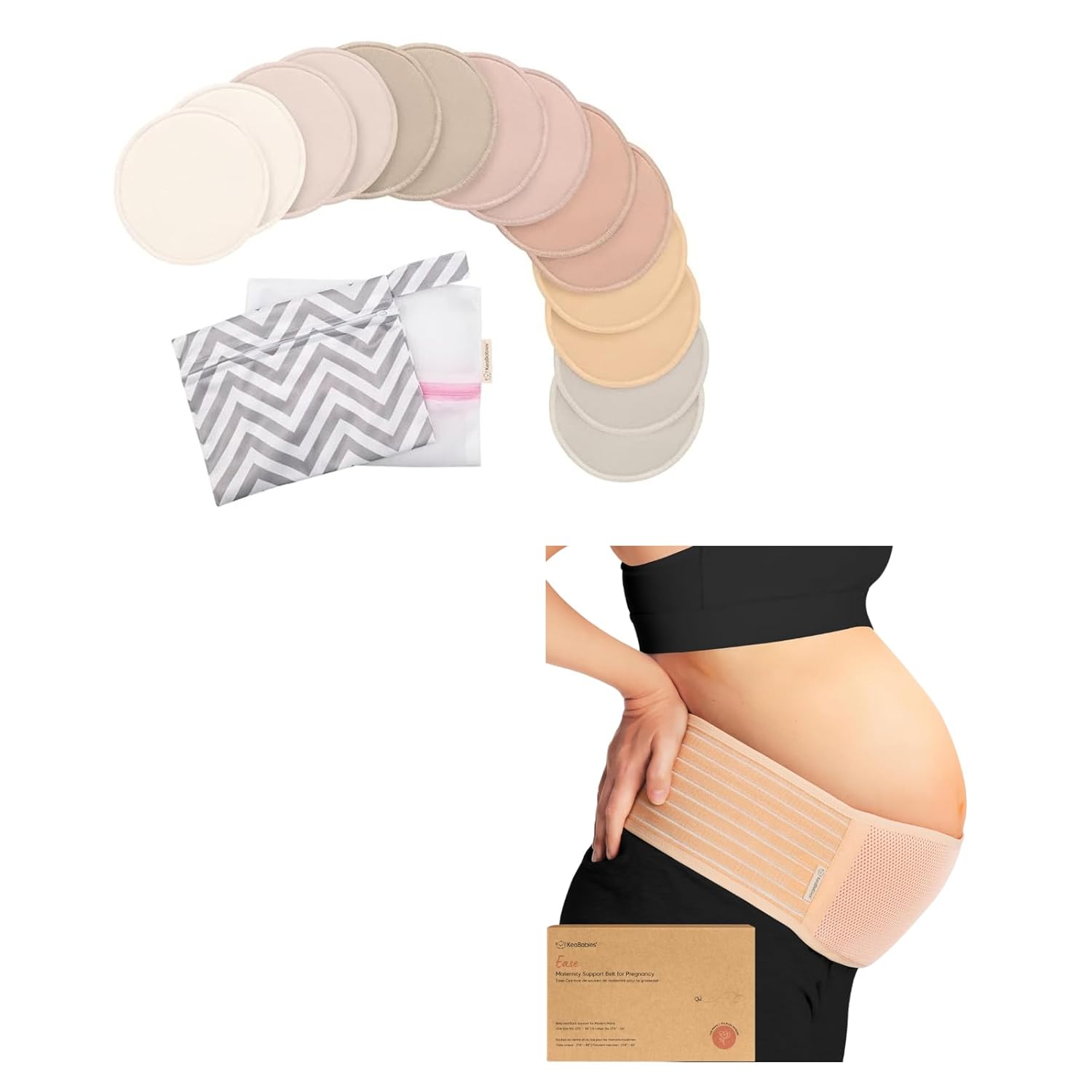 KeaBabies Reusable Nursing Pads for Breastfeeding and Maternity Belly Band for Pregnancy - 14-Pack - 4-Layers Nursing Pads - Soft & Breathable Pregnancy Belly Support Belt