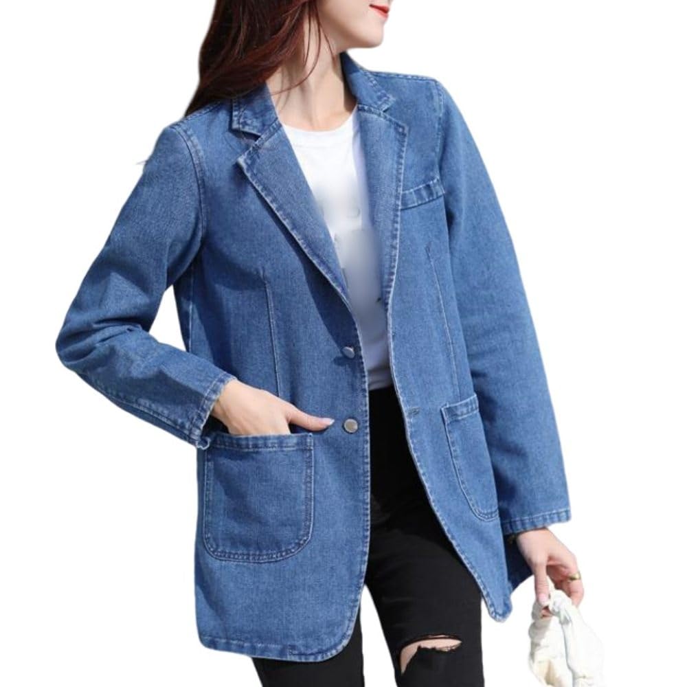 Veste Femme En Jean Denim - Longue Avec Poches - Blazer Décontracté - Toutes Saisons - Coupe-Vent Élégante