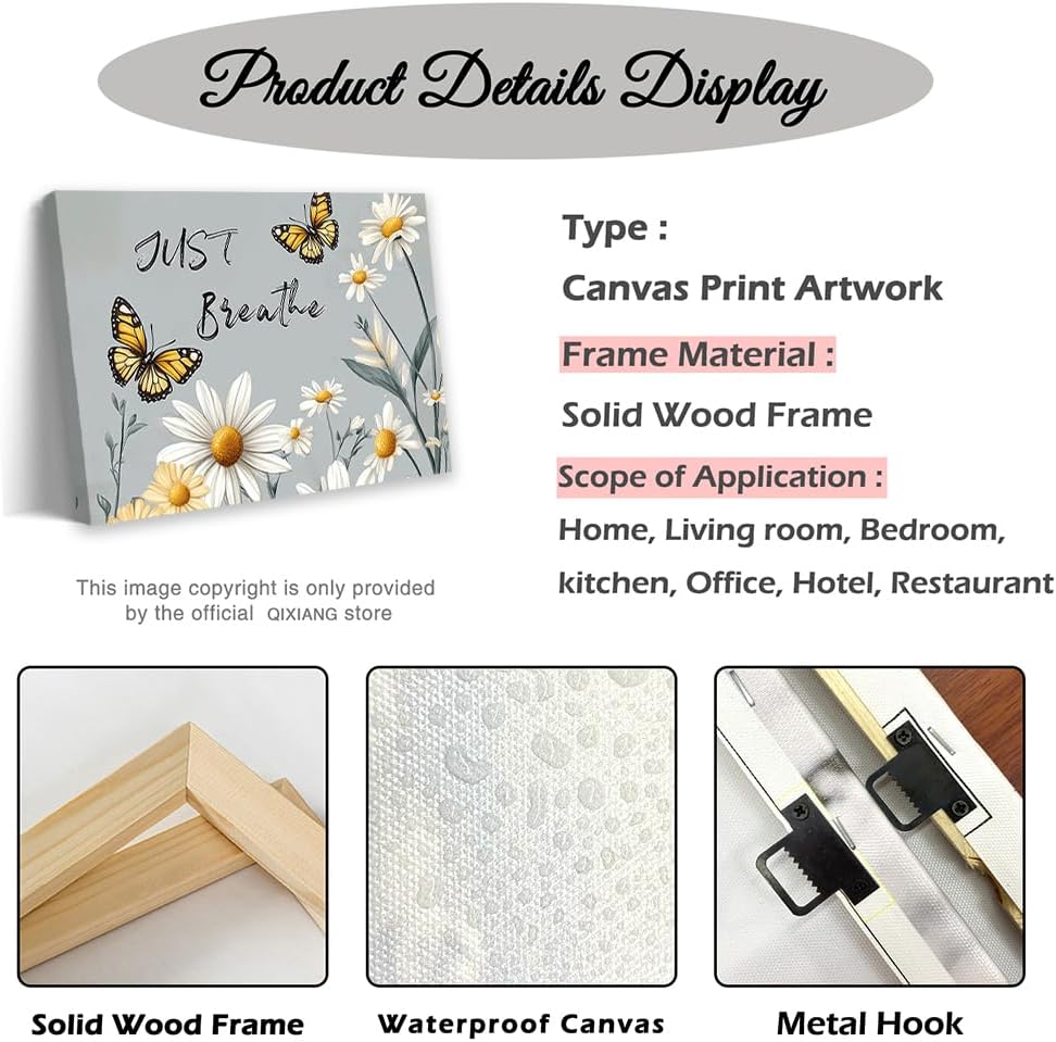 QIXIANG Butterflies Flower Canvas Painting Just Breathe Wall Art Inspirational Quotes Picture Wall Decor Country Farmhouse Home Decor Framed(Grey,12L x 18W) - Image 6