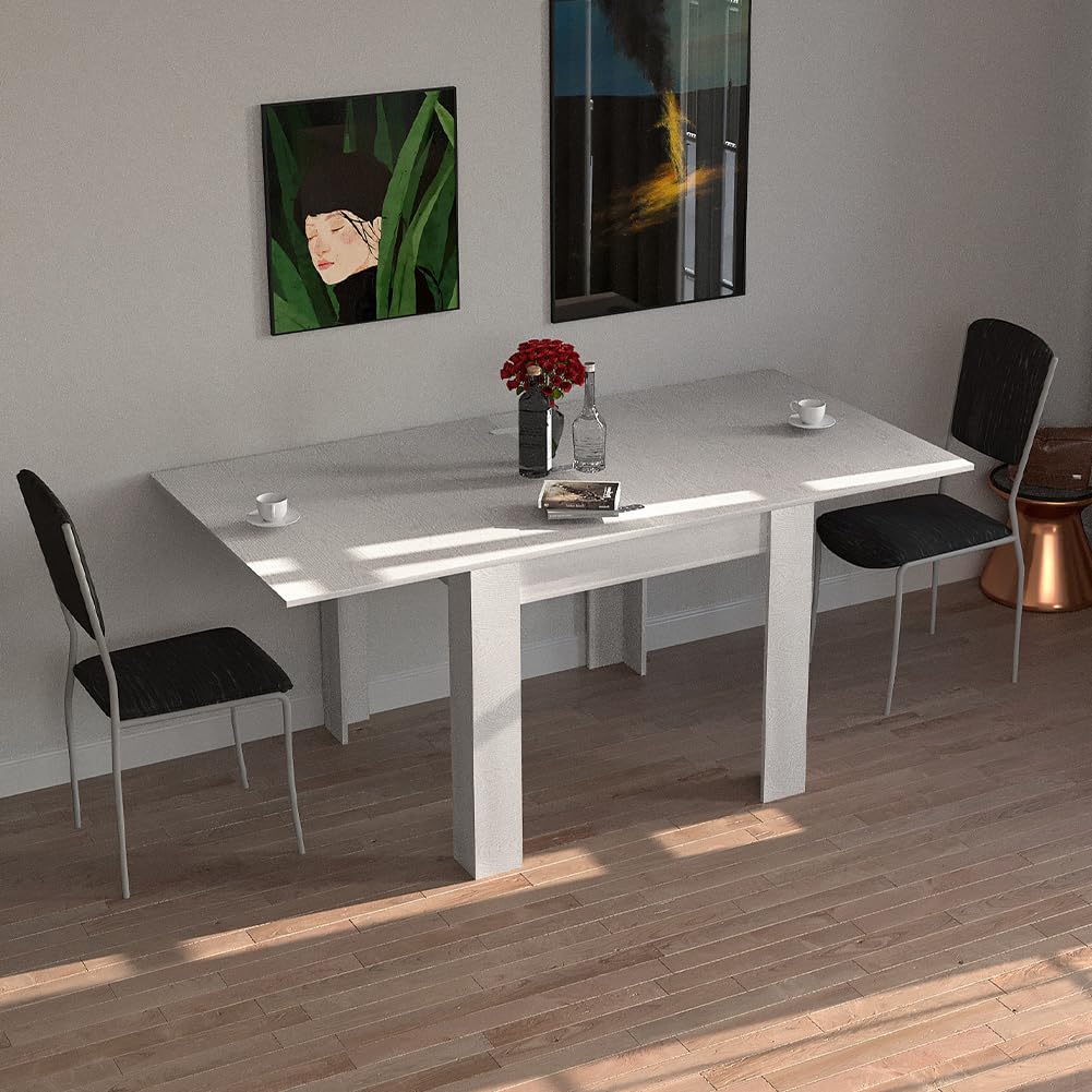 BAKAJI Tavolo Quadrato Allungabile 90x90 cm, Apertura a Libro, Design Moderno Ribaltabile, Apribile 4-8 Posti, Ideale per Sala Pranzo, Soggiorno, Cucina, Arredamento Interno (Bianco Frassinato)