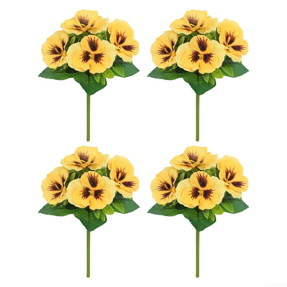 4PCS Vibrant Artificial Pansy Flowers Lifelike Silk Decor For Any Occasion Realistic Silk Cloth Flowers Set Of 4 For Vase Centerpiece Floral Arrangements Home Office Event Decor(yellow)