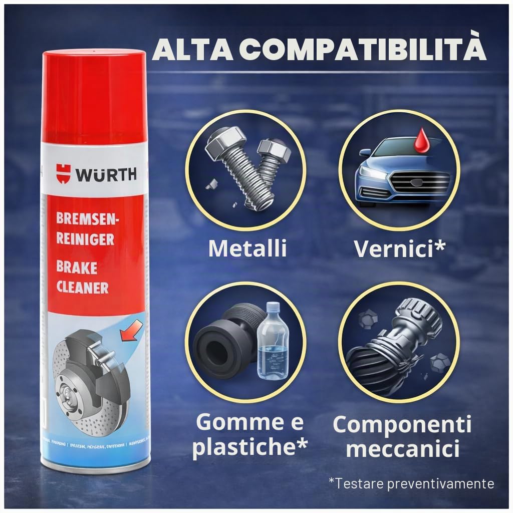 Wurth Detergente per freni, rimozione di grassi e rifiuti di olio, senza danni in plastica, ad asciugatura rapida, senza silicone, confezione da 4