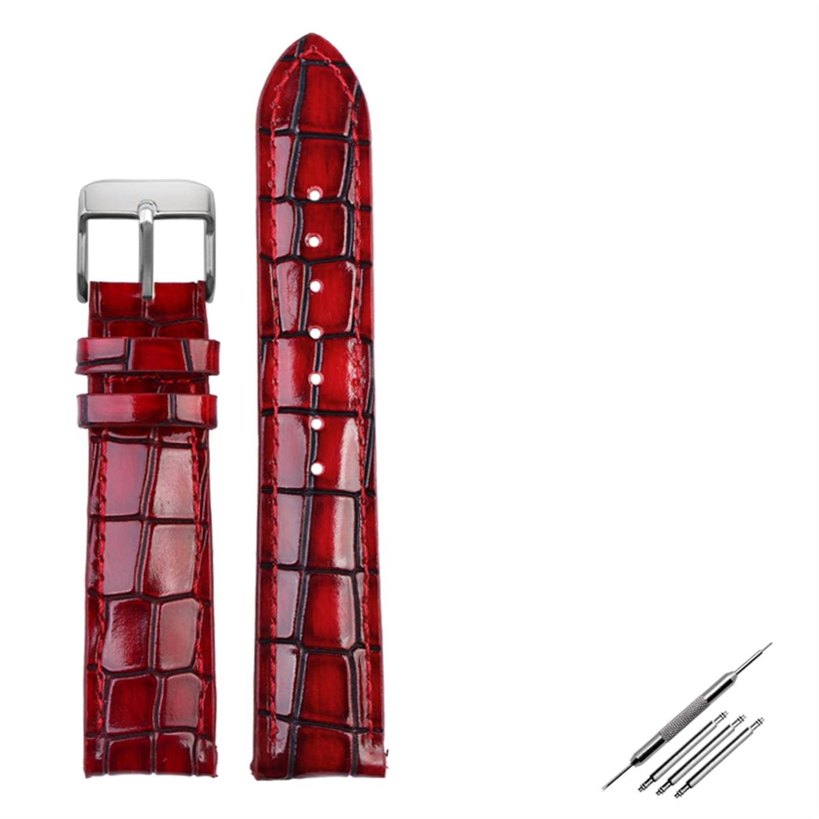 VELORE Crocodile Texture Calfskin skórzany pasek do zegarka 18 mm 20 mm 22 mm pasek do zegarka dla mężczyzn i kobiet pasek do zegarka solidna klamra (czerwony srebrny, 20 mm)
