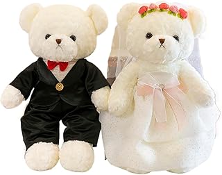 Luxurious Bride & Groom Bear Set - Cute Rose Headdress, Premium Plush, Elegant Wedding Decor for Couples (White,29.5")