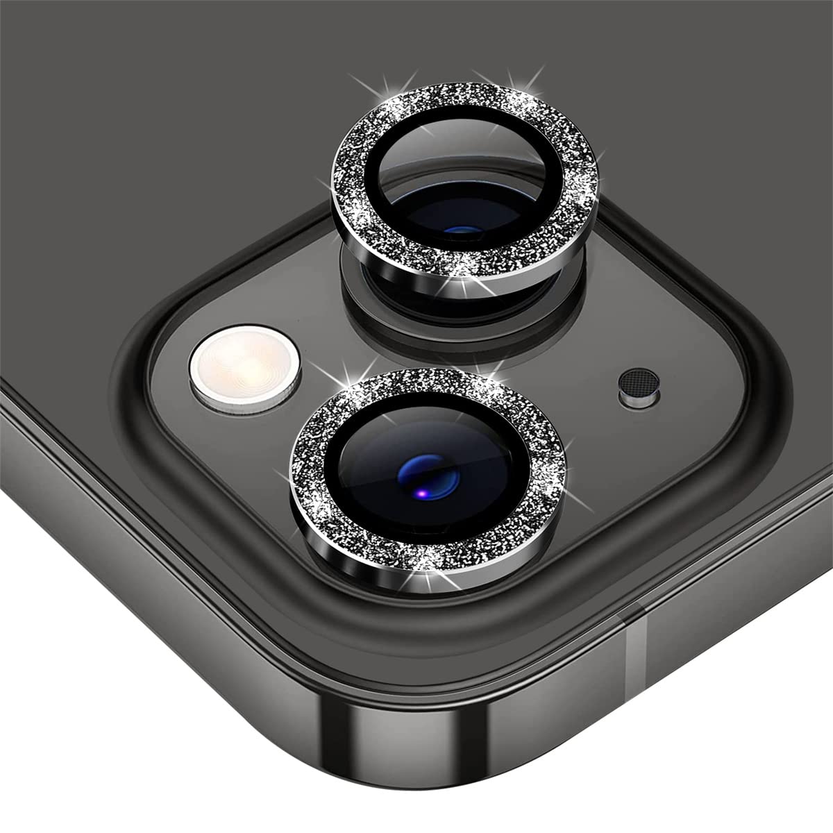 Supershieldz for iPhone 12 Mini Camera Lens Protector, Anti Scratch HD Tempered Glass Metal Ring Guard, Shockproof Aluminum Alloy Lens Screen Cover - Flash Diamonds Black