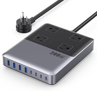 Kioson 12-in-1 200W GaN IV Charging Station: 4 AC Outlets + 8 USB Ports, 5ft Cord, Fast Charge MacBook iPhone 16/15 Home Office
