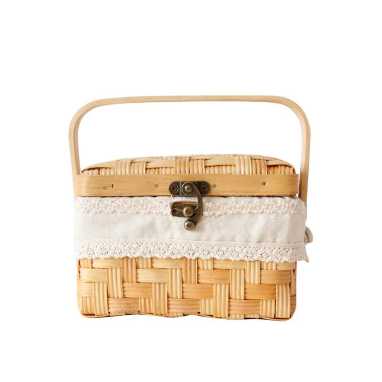 Wlrdpupje Natural Picnic Basket Handmade Rattan Woven Picnic Wicker Storage Basket For Picnic Camping Outdoor