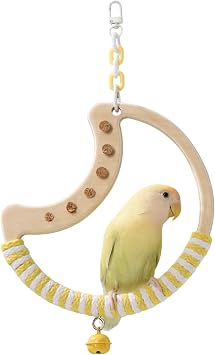 Natural Wooden Bird Swing, Parrot Perch with Bell & Cork Toy, Yellow