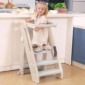 Toddler Learning Tower, Folding Toddler Kitchen Step Stool Standing Tower for Kitchen Counter or Bathroom, Adjustable Height, Safety Bar O6