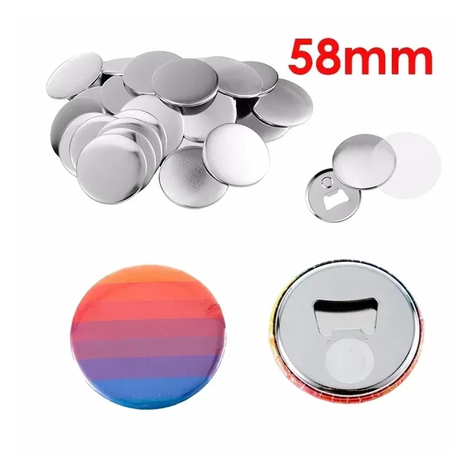 100 szt. 58 mm metalowych elementów guzików, magnes na lodówkę, otwieracz do butelek do produkcji guzików okrągłych