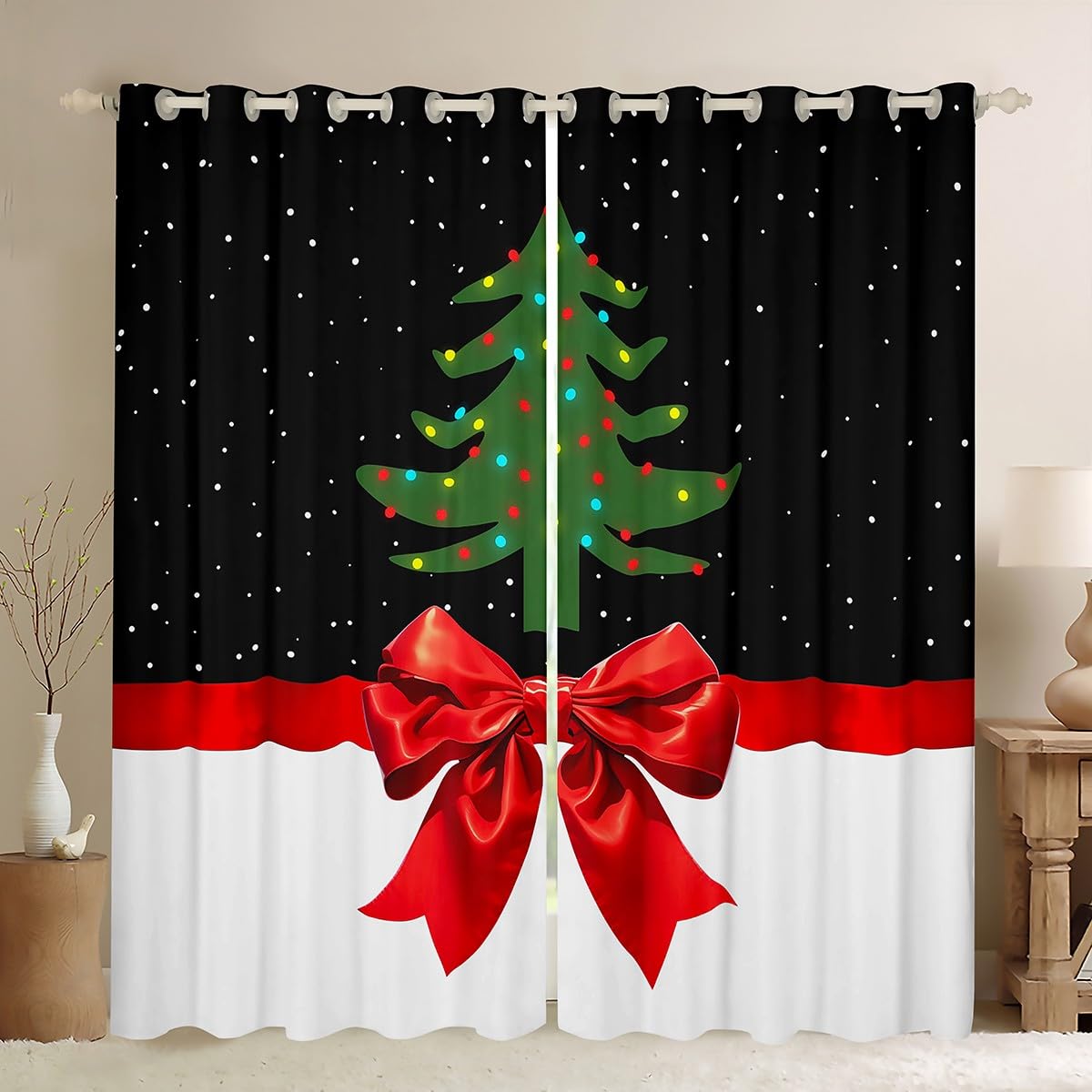 Homemissing Merry Christmas Curtains (2 Panels,W66*L90) For Bedroom Kids Boys Girls Xmas Tree Window Curtains Christmas Theme Blackout Curtains Cute Bowknot Window Treatments Room Decor โ image 1