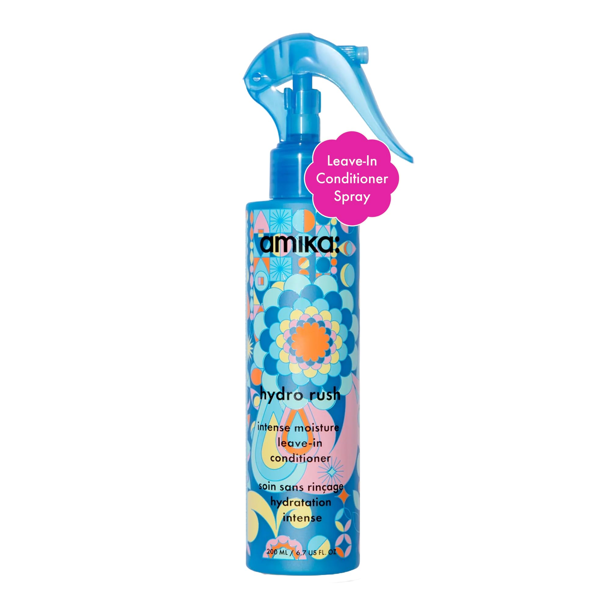 amika hydro rush intense moisture leave in conditioner spray - frizz-reducing detangling spray - hydrating hair care infused with hyaluronic acid, squalane + polyglutamic acid (200 ml)