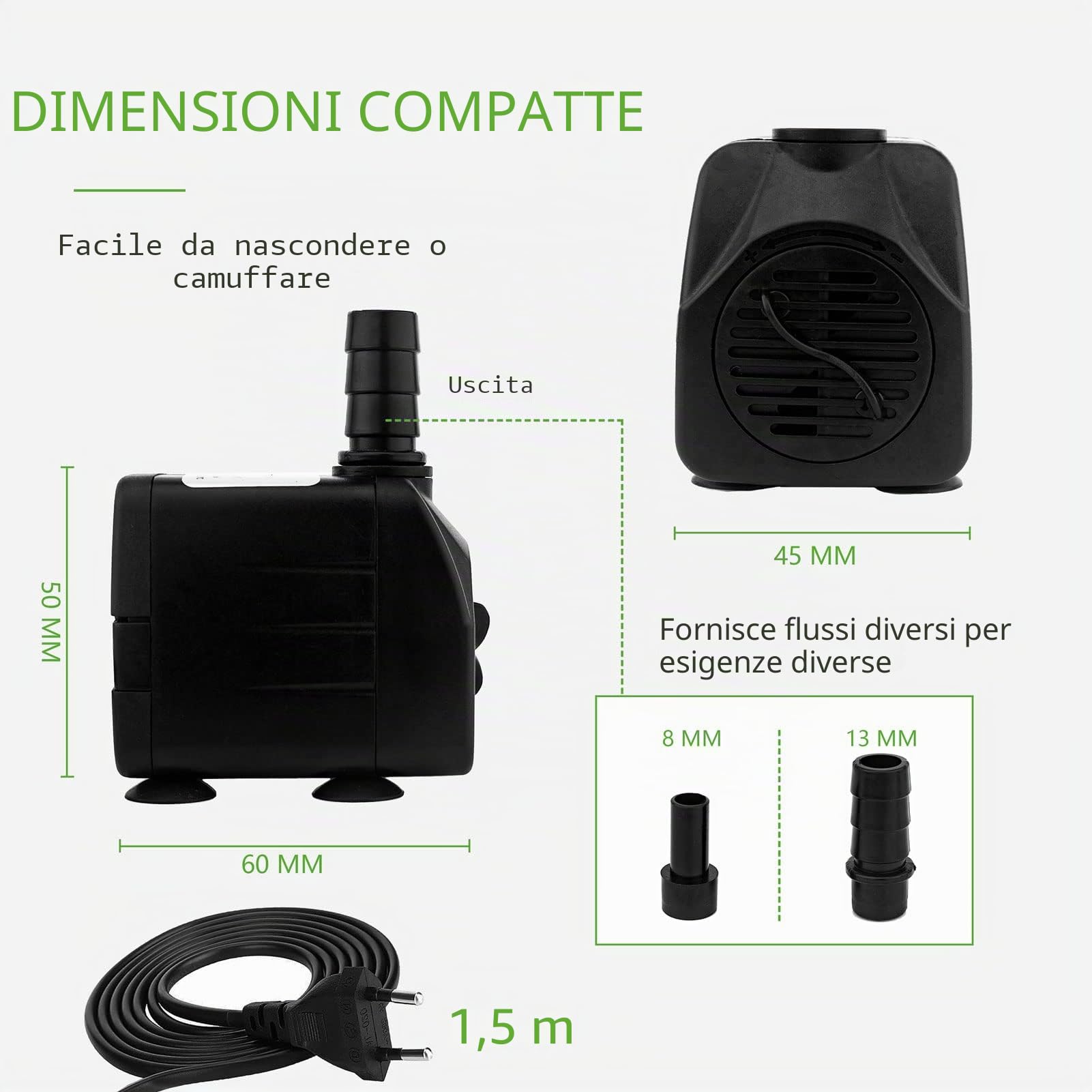 Mini pompa dell'acqua (600 L/H, 10 W), per acquario ultra silenziosa con sollevamento, per fontane, con cavo di alimentazione da 1,5 m, 2 ugelli, per statue, idroponica