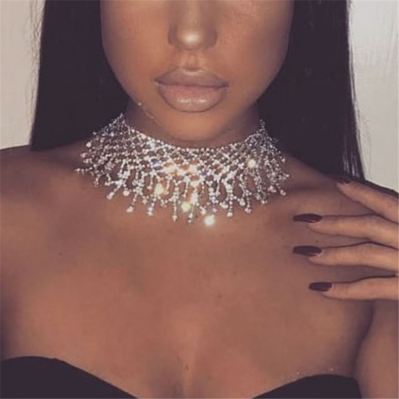 YERTTER Dainty Silver Rhinestone Crystal Choker Necklace - Sparkly Collar Chain With Tassel, Adjustable