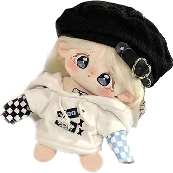 20cm Kawaii Anime Cotton Doll Plushie with Embroidered Big Eyes, Girls Favorite, Dressed in White Hoodie and Black Hat, Accessorized with Red Shoes Doll & Clothes, Skeleton