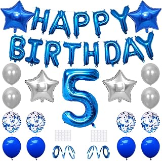 5th Birthday Decoration Happy Birthday Banner Balloon 5 Year Old Birthday Party Supplies Helium Balloons 32" Number 5 Balloon Confetti Latex Balloon Star Heart Foil Balloon, Blue Silver