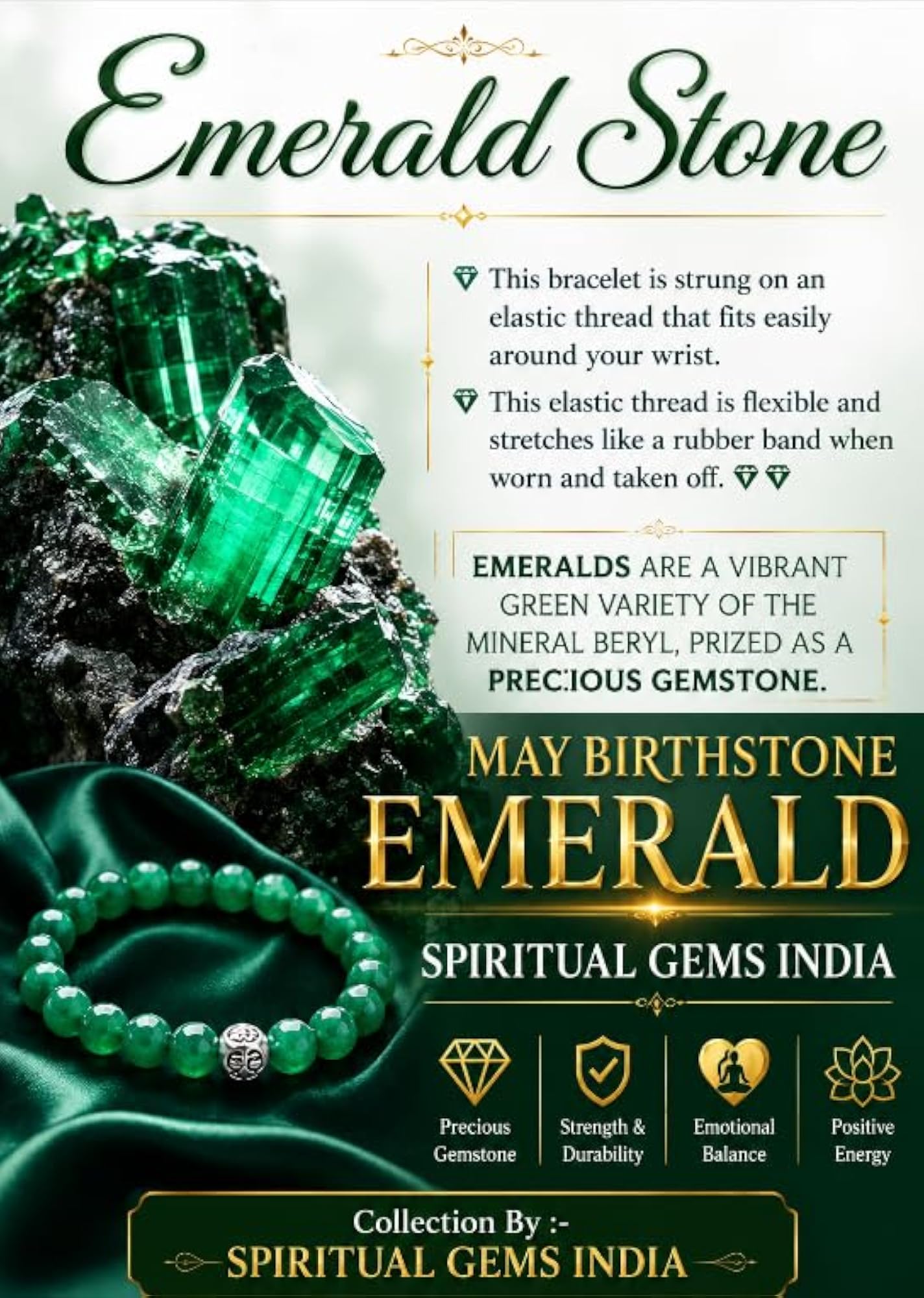 Women's Natural Emerald Stone Bracelet, Handmade Panna