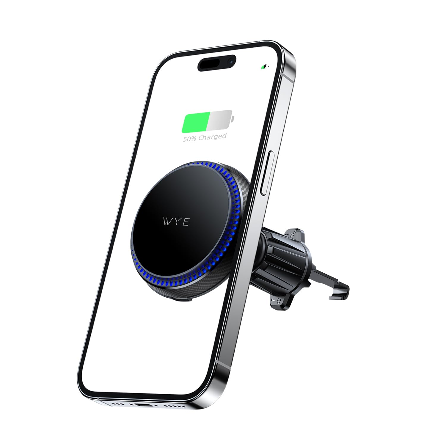 WYE Supporto per bocchetta dell'aria da 15 W, ricarica wireless veloce, magnete MagCharge, girevole a 360°, indicatore di carica LED, adatto per dispositivi da 6,1 a 6,9 pollici (nero)