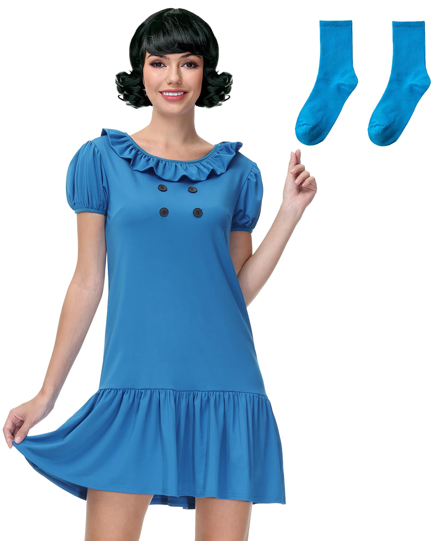 Maisolly Halloween Women Luchy Cvan Pealt Ruffle Collar Dress Adult Puff Sleeve Cosplay Party Costume XS