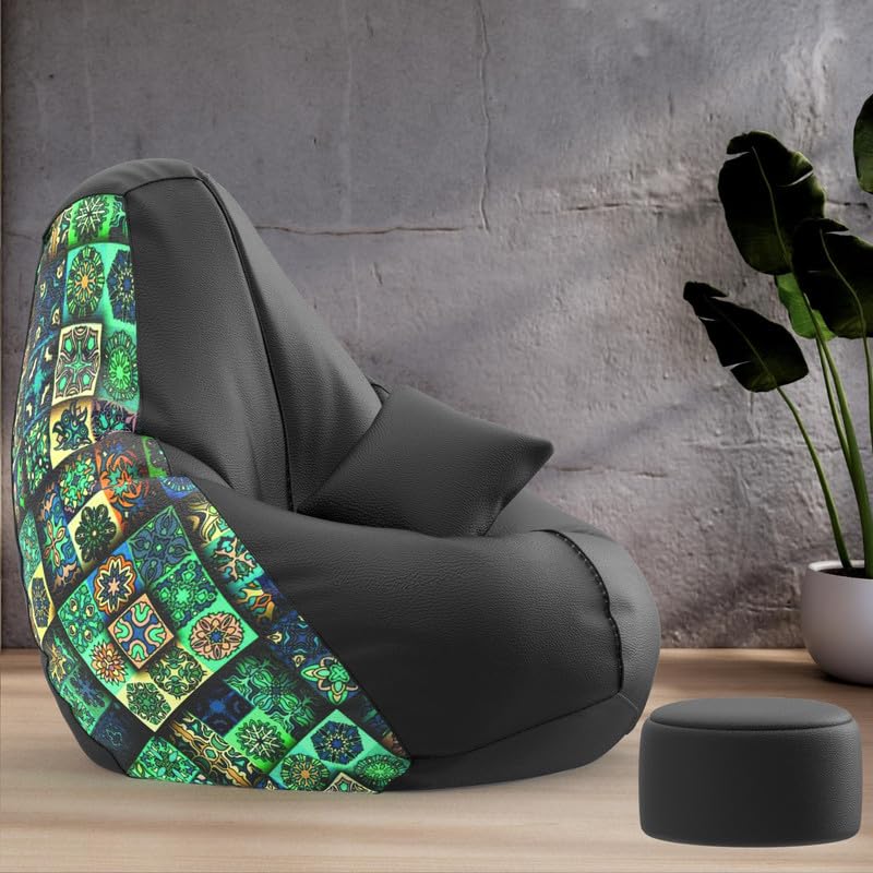 Image of Biggie Bean Bag Chair with Beans Filled 5XL Evergreen Classics Bean Bag-Loud Prints-Soft Landings-Styled with Free Cushion & Footrest (Matching Color : Printed 3D Pattern-Black)