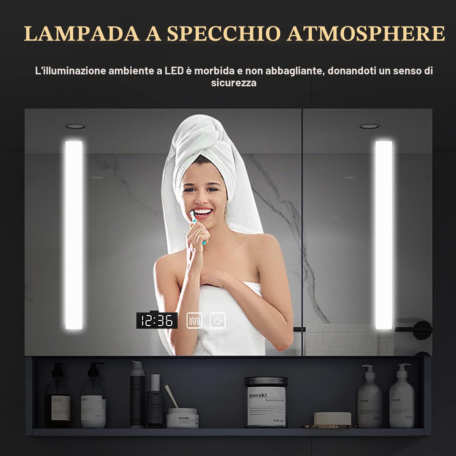 Armadietto da bagno moderno con specchio a LED da 110 cm con anti-appannamento, Slish Sto Solut per tials, design Sk perfetto per la decorazione della casa e l'uso quotidiano.