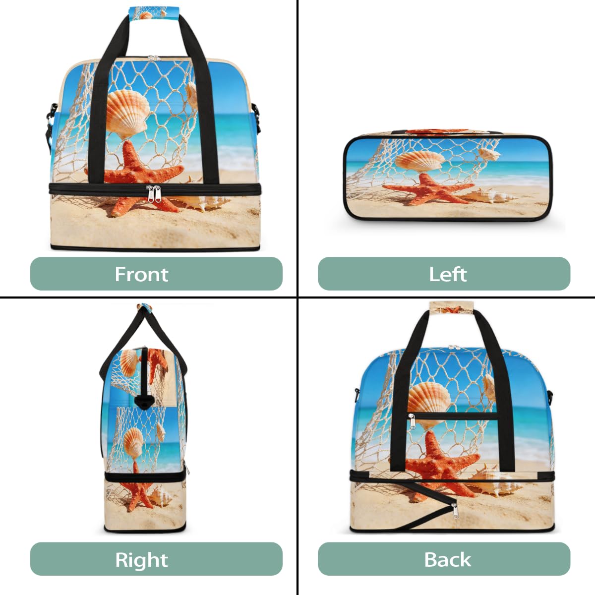 Borsone da viaggio pieghevole estivo da spiaggia, conchiglia, stella marina, borsa da palestra espandibile con scomparto per scarpe, borsa da weekend di grande capacità, borsa da portare a mano per