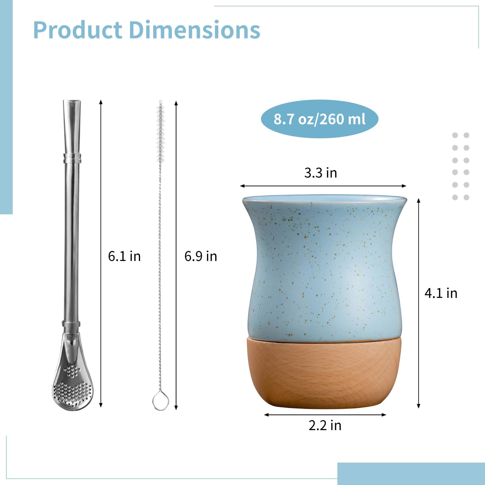 Generisch Yerba Mate Becher Set, Keramik Mate-Tee-Kalebasse mit Holzsockel und Edelstahl-Bombilla, 260 ml Fassungsvermögen, elegantes Design in edlem Blau für Küche und Zuhause