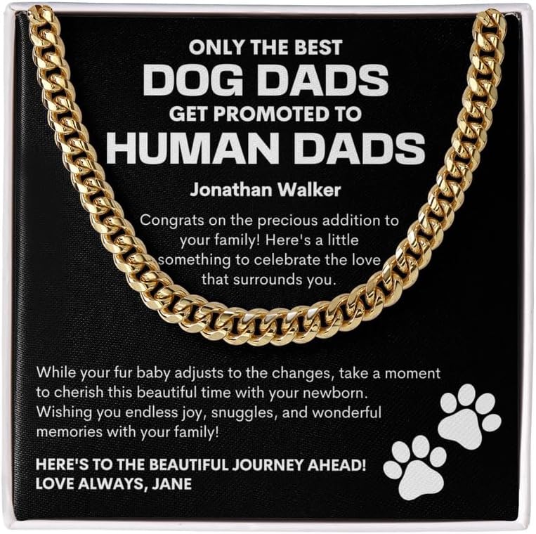New Dad, Dog Dad Necklace Cuban Chain Gold - Precious Addition To Your Family - Jewelry For Dog Lovers Pet Owner Rotweiler