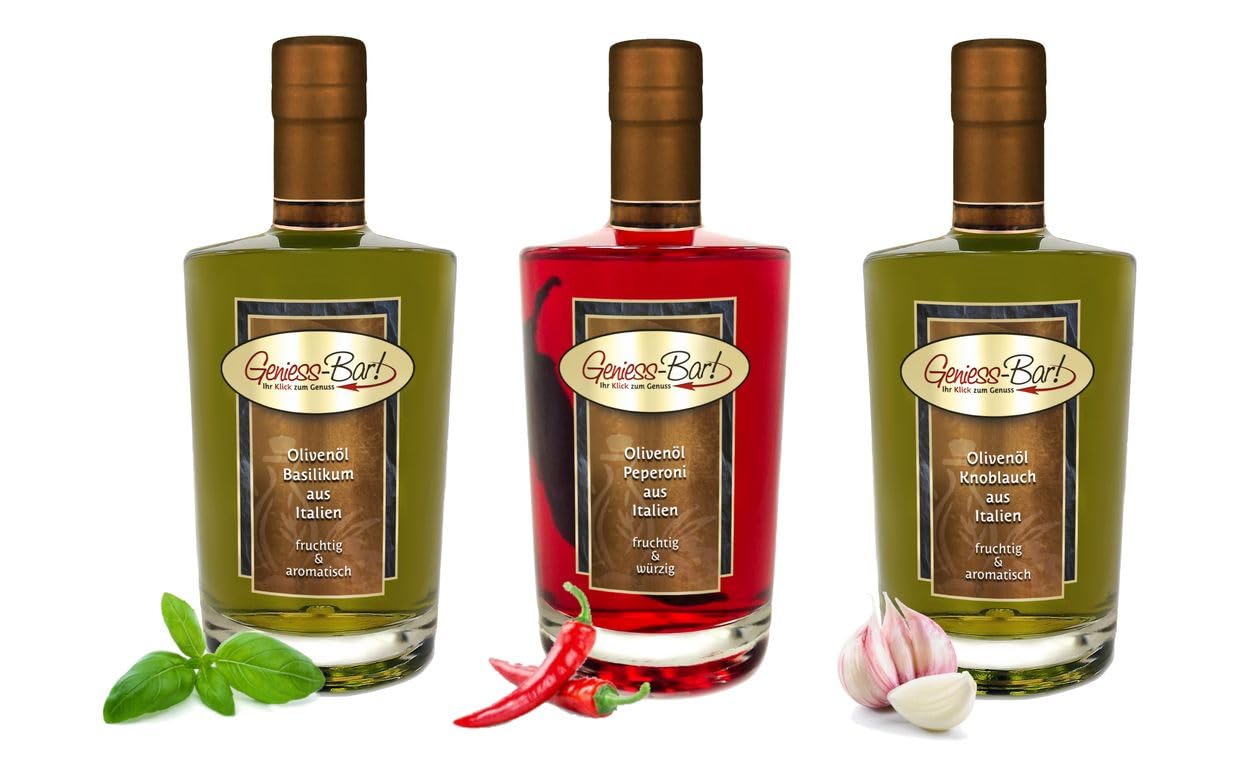 Olivenöl Trio Premium Qualität 3x 0,7L Basilikum Peperoni Knoblauch Oliven Öl aus Italien im Set