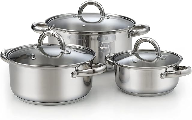 Cook N Home Sauce Pot Stainless Steel Stockpot with Glass Lid, Basic Saucier Casserole Pan Set, 6-Piece