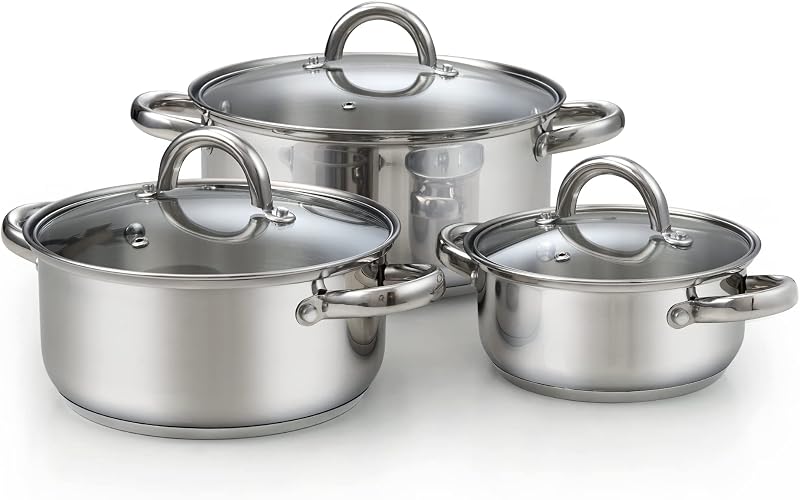 Basics Stainless Steel Cookware Sets, 6-Piece Pots and Pans | 1.5 & 3 Qt Sauce Pots with Lid, 5.5 Qt Dutch Oven Stockpot, Induction Compatible, Dishwasher & Oven Safe