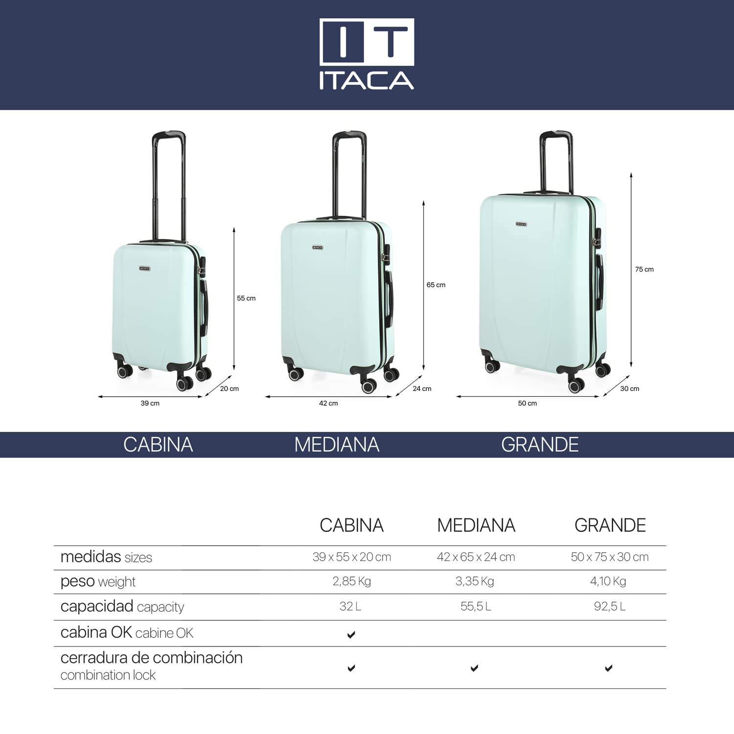 ITACA - Maleta de Cabina 55x40x20 - Maletas De Viaje Cabina Rígidas Trolley con 4 Ruedas Dobles para Avion Ligera Equipaje De Mano Candado de Combinación. Compatible Ryanair, Verde Menta — view 6
