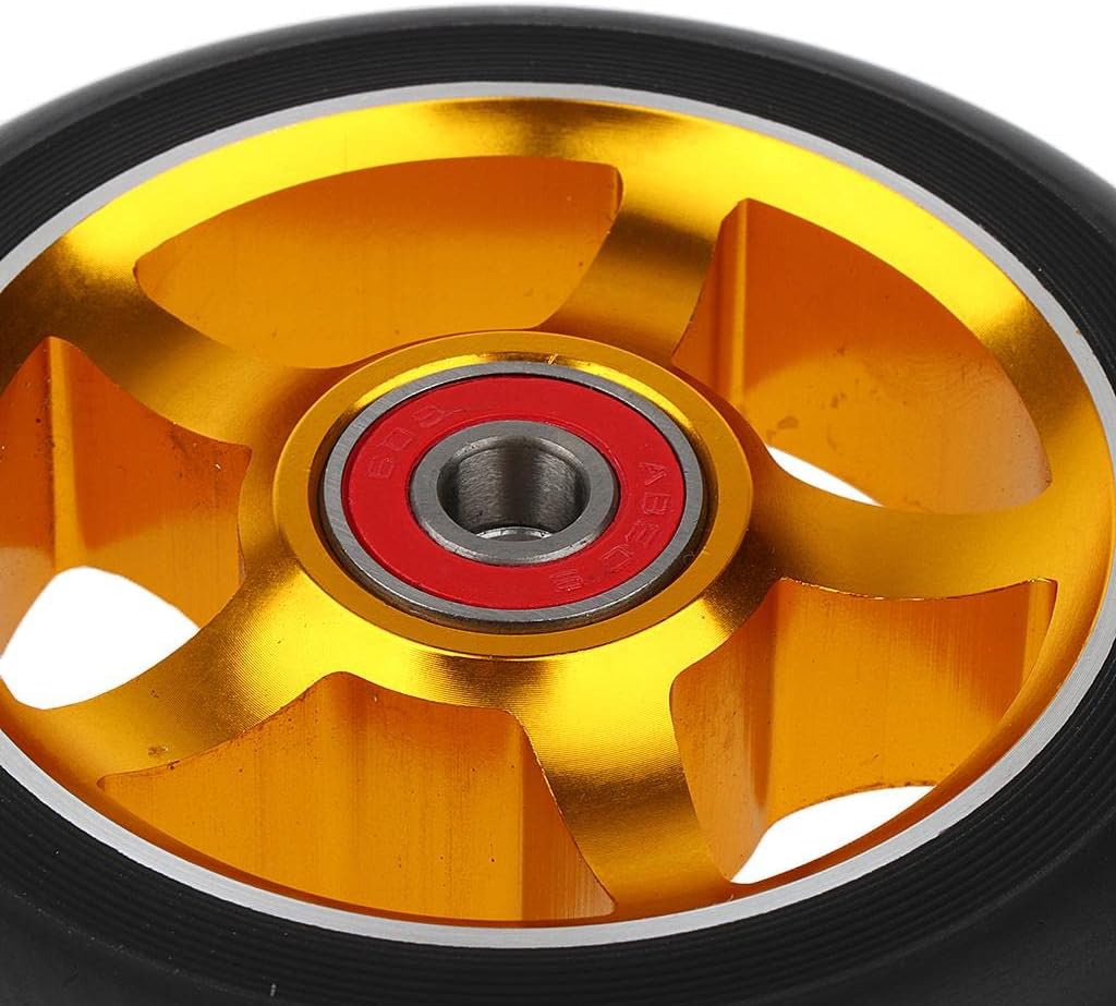 Pro Scooter Wheels 100mm Pair - Abrasion Replacement PU Wheels - Easy Install for Stunt Scooter Accessories Spare Parts - 6063T6 Aluminum Alloy Core - 608 ABEC-9 Bearings - Size - gold