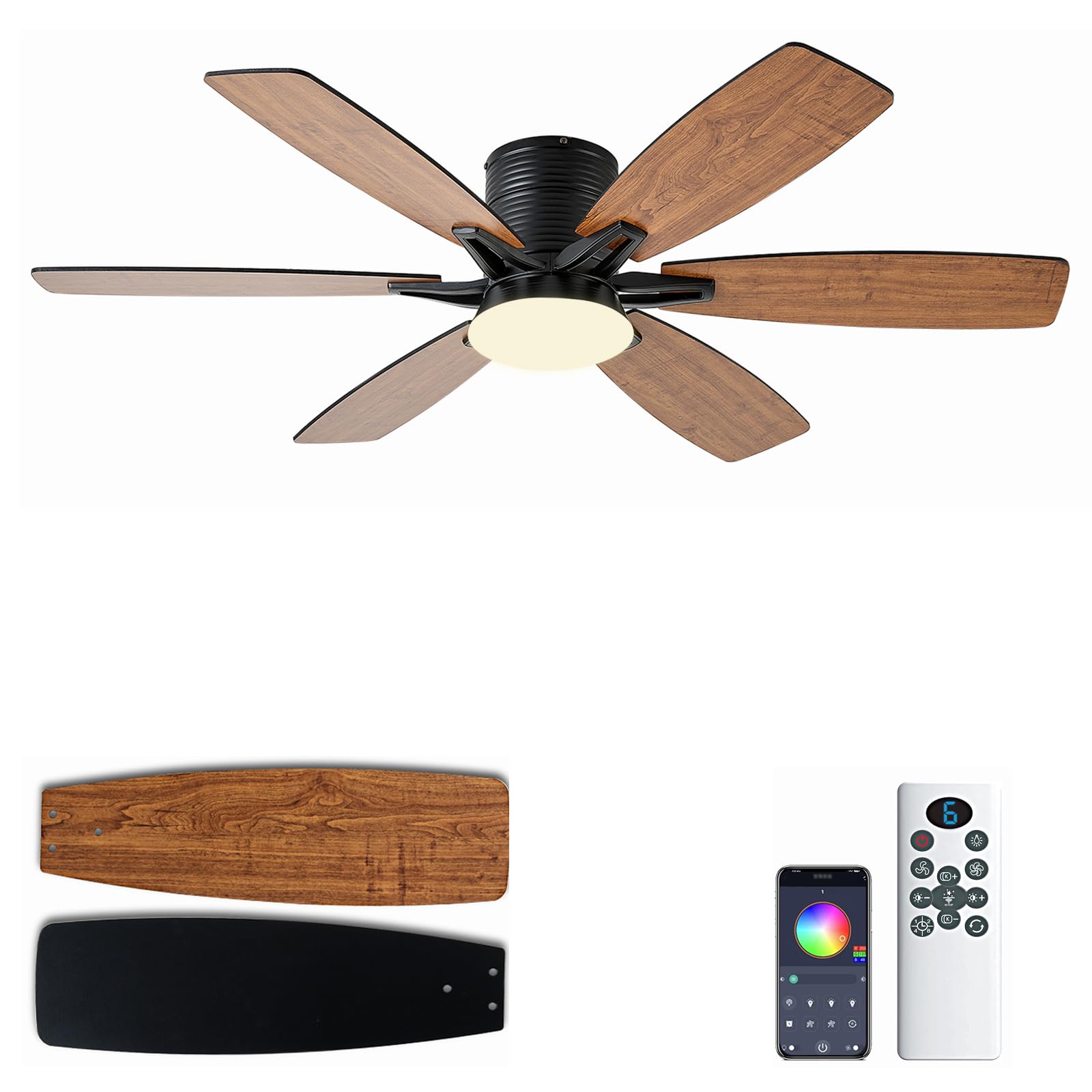 Photo 1 of 52inch Brown Ceiling Fans with Lights and Remote/App Control, Low Profile Ceiling Fan with Light and 6 Double-Side blades, Flush Mount, LED/RGB Dimmable DC Reversible Modern Ceiling Fan for Bedroom
