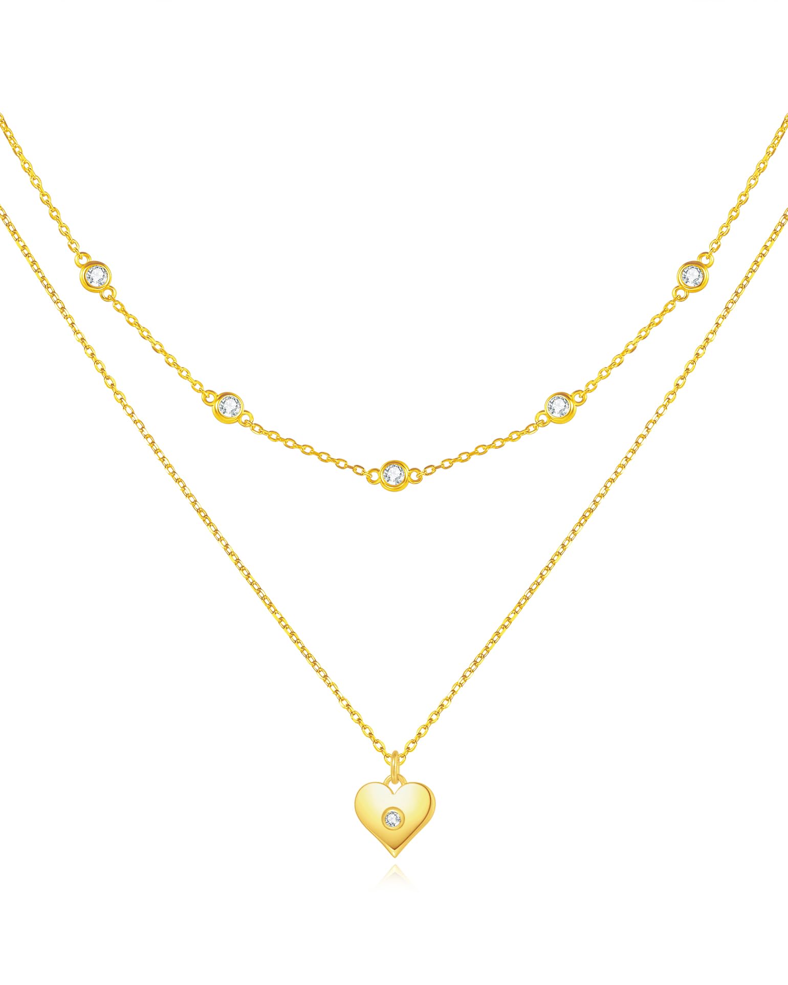 FANCIME Layered Kette Damen mit Sonne Anhänger, 14K Weißgold