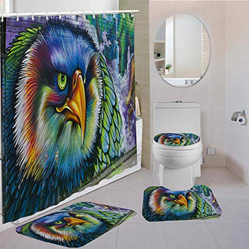 ZDDWLDL 3D Gedruckter Duschvorhänge Set Grüner Blauer Gelber Karikaturtieradler Duschvorhang Set 4 Stück Badezimmer…
