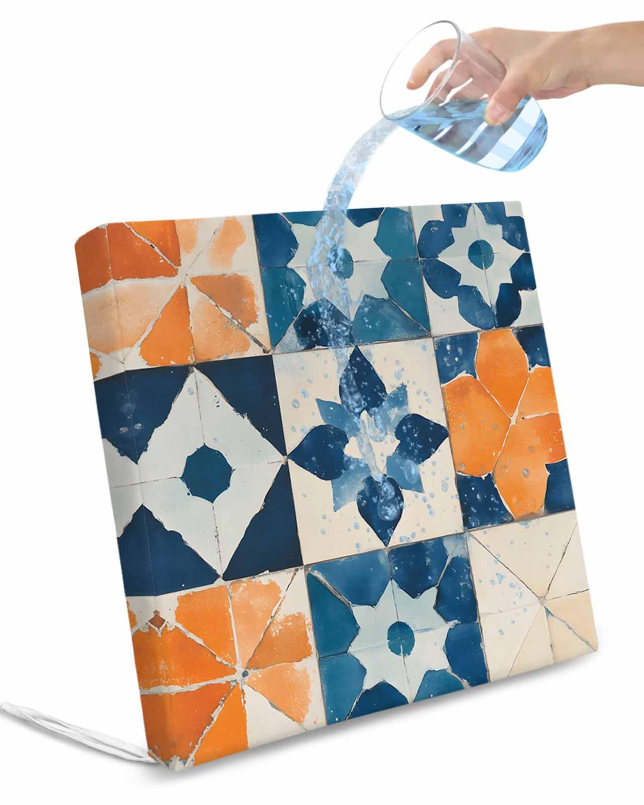 2 Pack Abstract Blue Waterproof Cushion Covers with Ties, Outdoor Patio Chaise Lounge Chair Seat Cushion Slip Covers Replacement(Only Cover) Orange Color Block Retro Watercolor Boho 22