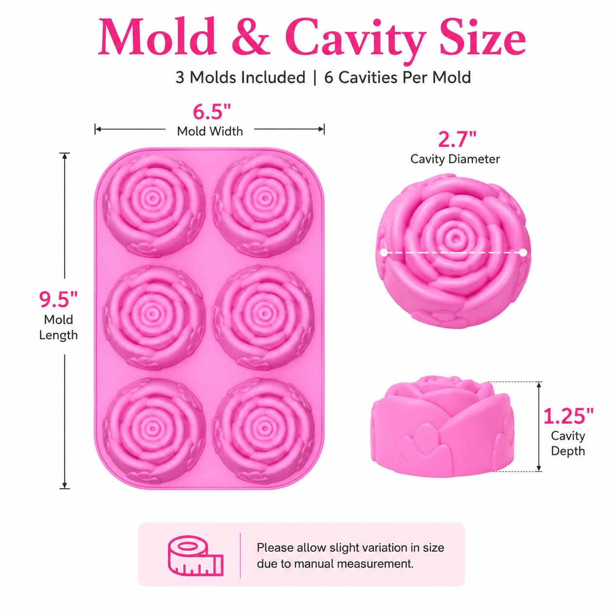 Paquete de 3 moldes grandes de silicona para cubitos de hielo y jabón, diseño de rosas