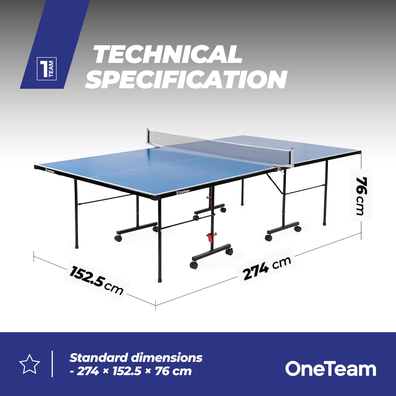 OneTeam Table de Ping Pong avec des Dimensions de 274x152.5x76 cm pour Jouer en Extérieur avec Filet Plateaux Pliables Roues de Transport avec Fonction de Blocage Bleu Clair