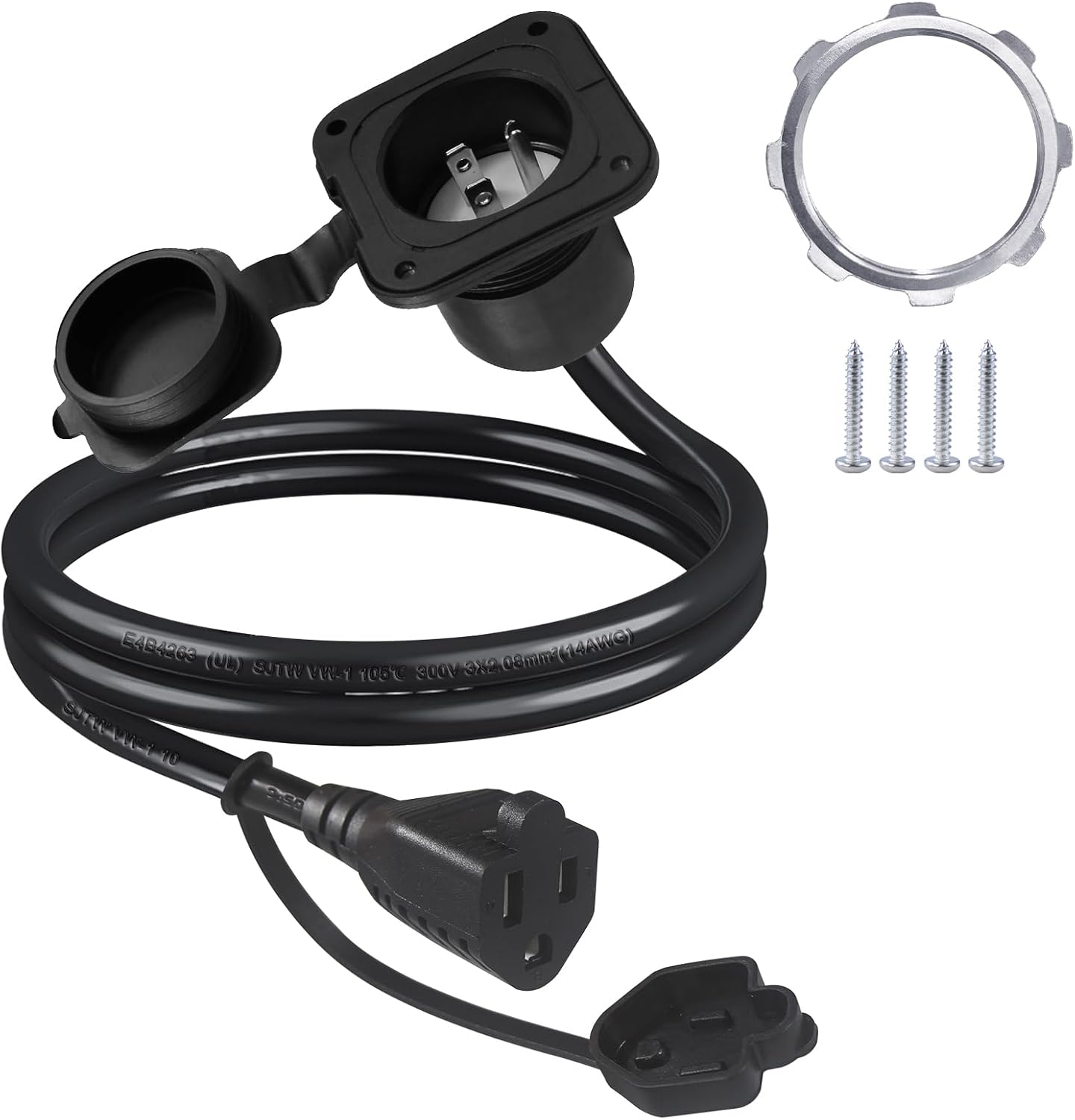 15A AC Port Plug - 125V Power Inlet Socket with 18 Inch Extension Cord, NEMA 5-15 Plug Flanged Inlet with Waterproof Cover Outdoor Extension Cable, Shore Power Outlet for RV Boat Trailer