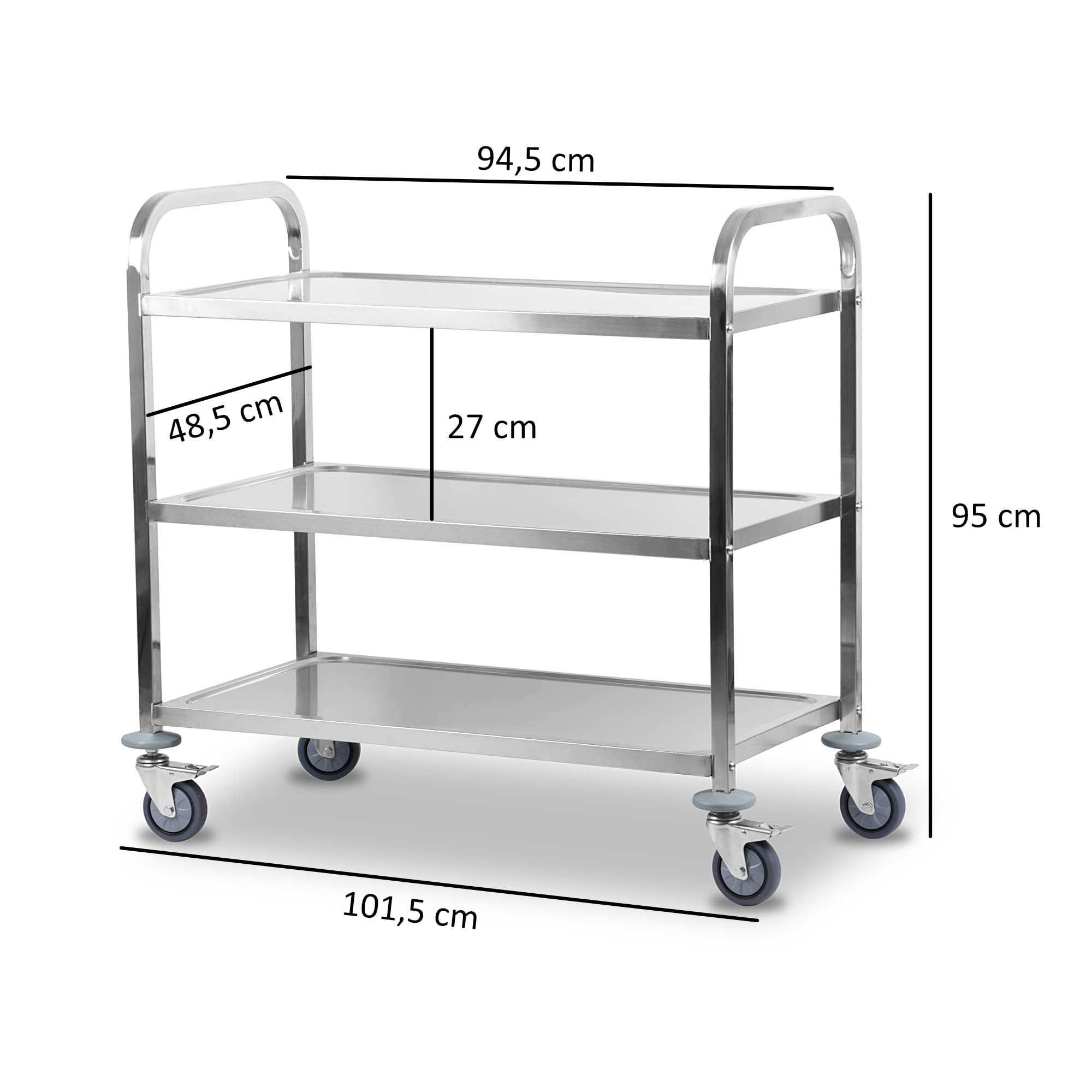 Mahlzeit Carrello da servizio in acciaio inox con 3 ripiani | 101,5 x 95 x 48,5 cm | con ruote e freni di stazionamento | carrelli per catering, carrelli da servizio gastronomico