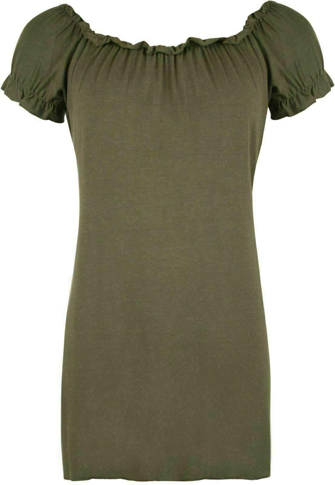 FAIRY BOUTIQUE Ladies Off Shoulder Gathered T Shirt Tops Womens Gypsy Boho Ruched Elasticated Stretch Top Khaki