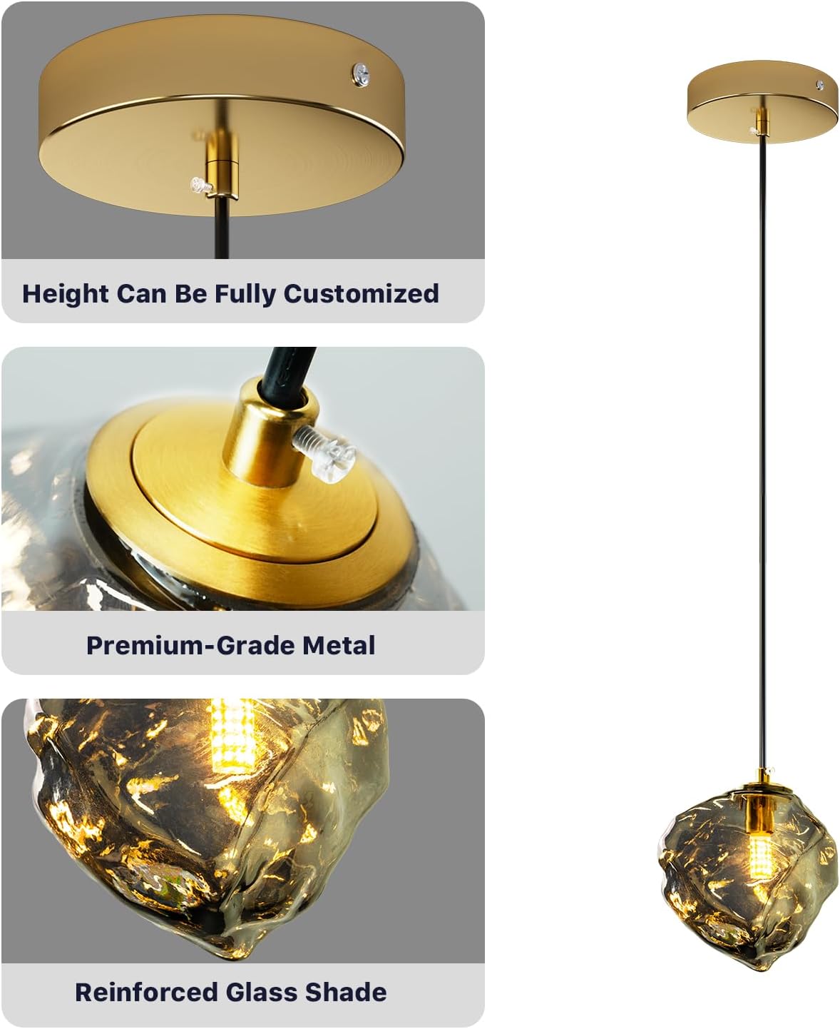 Modern Style Pendant Light, Mid Century Smoked Glass Ceiling Hanging Lamp, Vintage Hand Blown Fixture for Bedroom Dining Room, Kitchen Island - Lava Ice, Smoke Grey, Small, 1 Pack