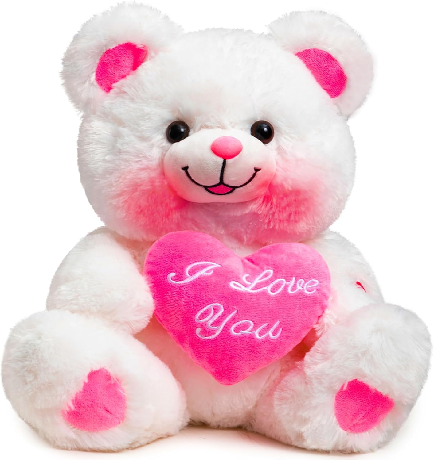 BEJOY Teddy Bear with Pink Heart Plush Bear That Says I Love You and Blushes LED Stuffed Toys for Girlfriend and Kids Valentine's Day 13 inch WhiteGlobal Recycled StandardGlobal Recycled StandardGlobal Recycled Standard