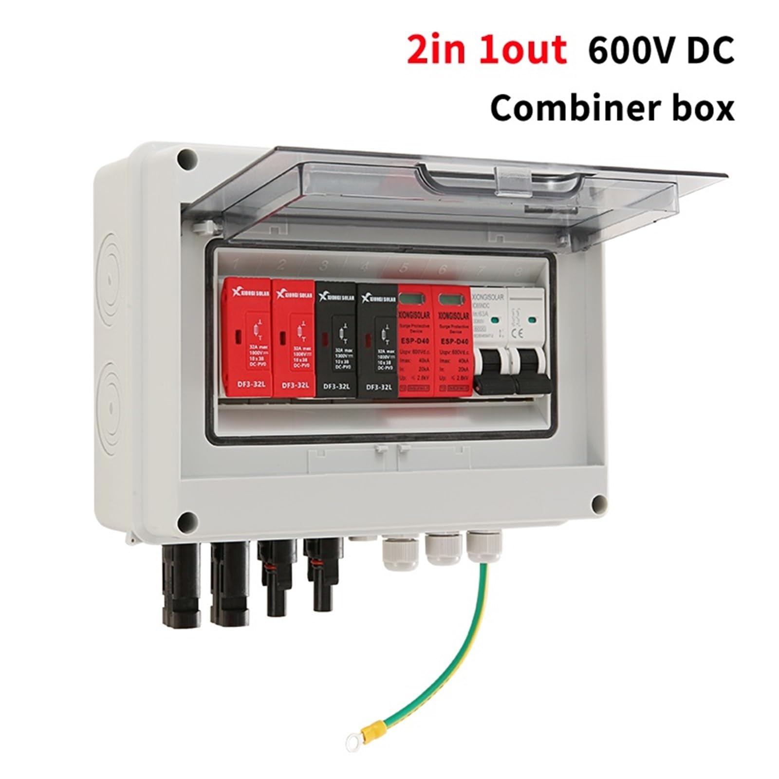 Quadro di combinazione fotovoltaico solare con protezione contro i fulmini, 2 ingressi, 1 uscita, DC 600 V, fusibile MCB SPD, scatola impermeabile a 2 stringhe, IP65(16A DC MCB)