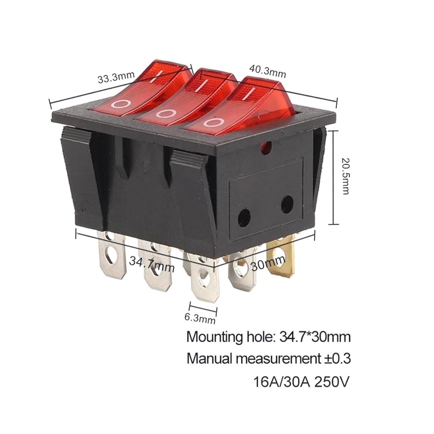1pc 40.3X33.3mm Rocker Switch KCD3 Red Light 3 Way Black Switch 9 Pin 2 Position On-Off/On-On 16A/30A 250VAC Triple Power Switch(Black)