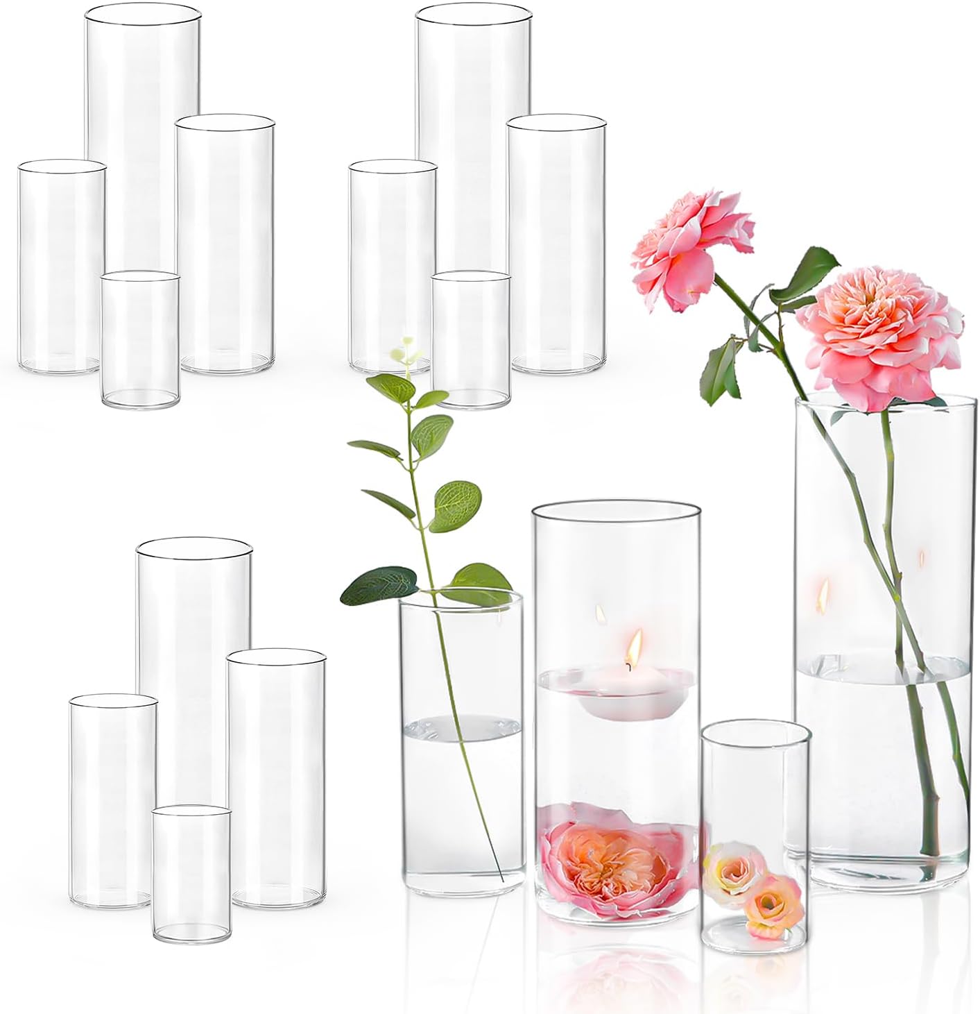 16 PCS Clear Cylinder Vases for Centerpieces | 4, 6, 8,10 Inch Tall Flower Vase for Wedding Decorations, Clear Floating Candle Vases in Bulk, Hurricane Candle Holdersfor Table, Home Décor 16 Pack(4, 6, 8,10 Inch)