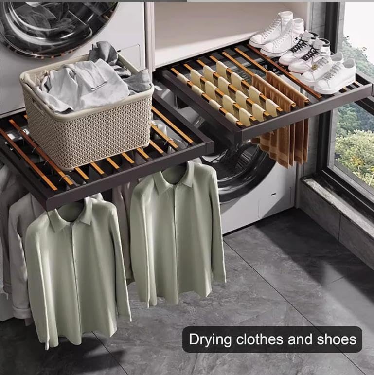 Extendable Drying Rack for Closet & Laundry Room – Space-Saving Aluminum Alloy Pants Organizer Drawer, Adjustable Length Shelf for Washing Machines & Wardrobes